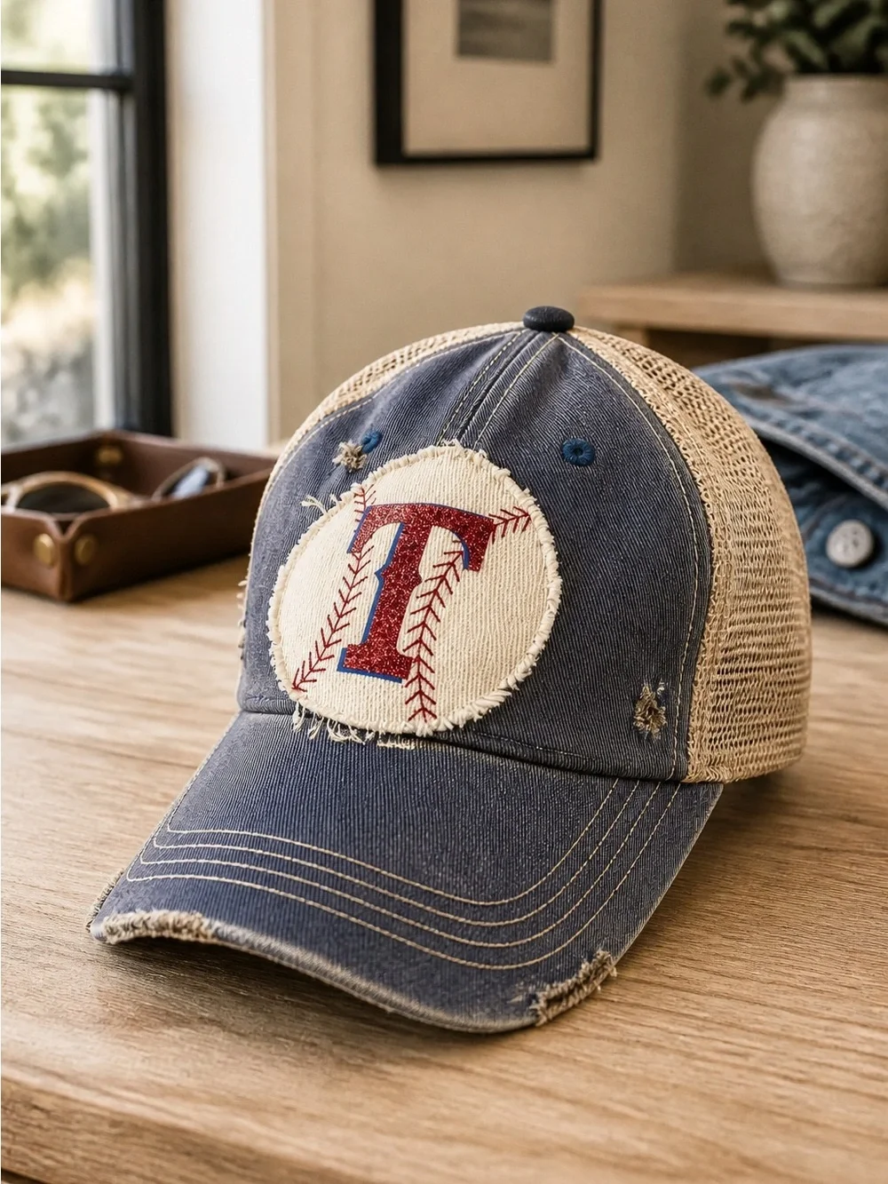NWOT Women’s Denim Blue Distressed Baseball Cap MLB Texas Rangers Baseball Logo